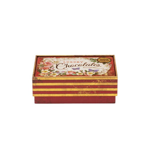 Decorative chocolate box with floral design and 'Luxury Chocolates' text on a white background - Nostalgia Small Chocolate Tin in red.