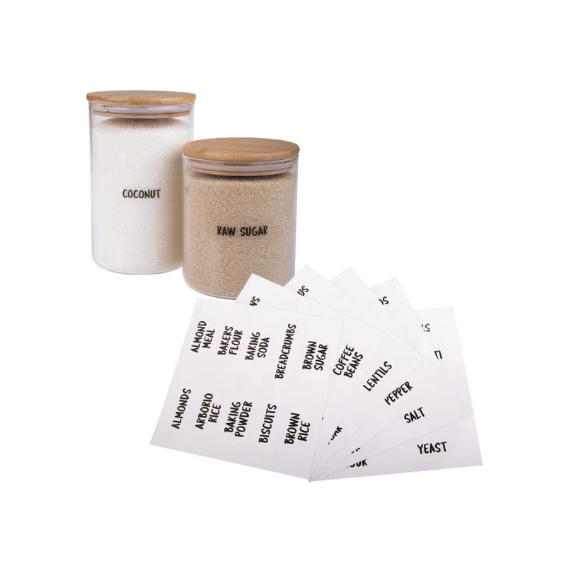 Appetito Clear Pantry Labels shown on panty storage canisters.