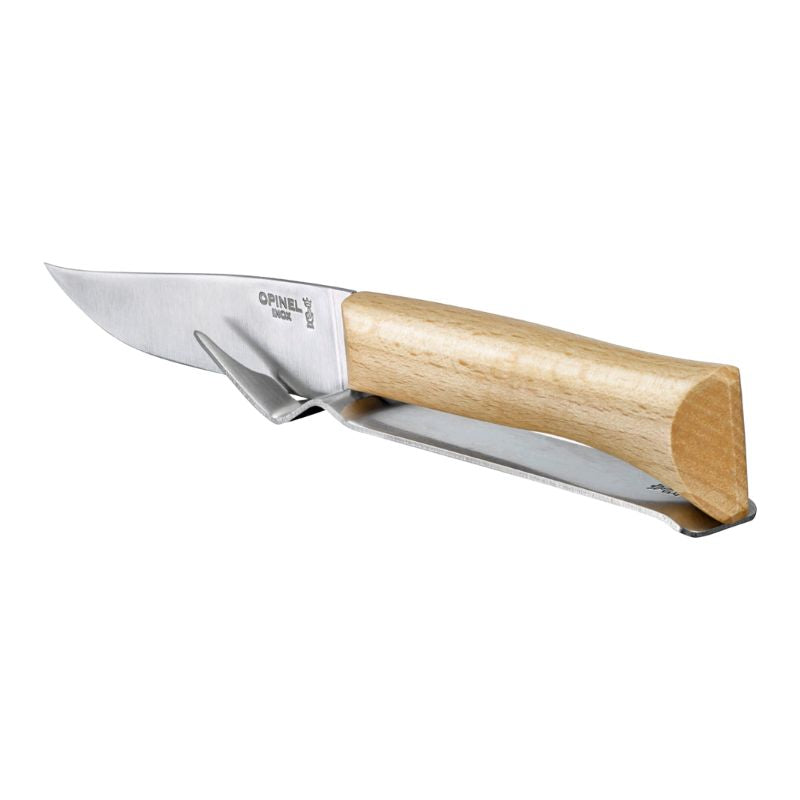 Opinel stainless steel cheese knife with beechwood handle on white background.