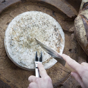 Cutting into a round cheese using Opinel cheese knife and fork.