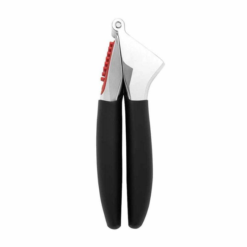 OXO Good Grips Garlic Press with black handles and a silver head on a white background