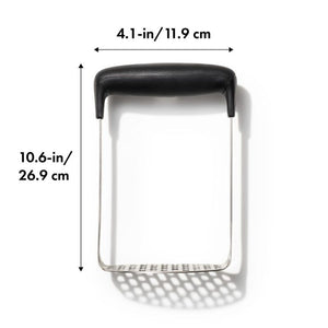 OXO Good Grips Smooth Potato Masher with a black handle, shown on a white background with dimension lines and text.