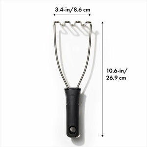 OXO Good Grips Wire Potato Masher with measurements on a white background.