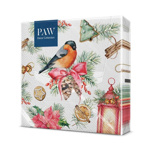 PAW Paper Napkins in the Bullfinch with Lampion design in packaging on a white background.