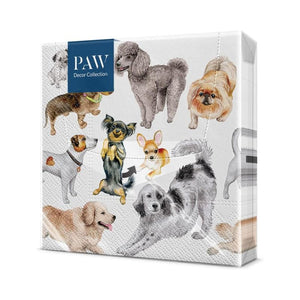 PAW Paper Napkins in the Dogs Happiness print shown in packaging on a white background.