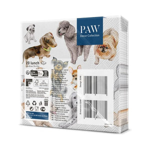 PAW Paper Napkins in the Dogs Happiness print shown in packaging on a white background.