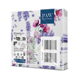 PAW Fragrant Lavender Paper Napkins in retail packaging shown against a white background.