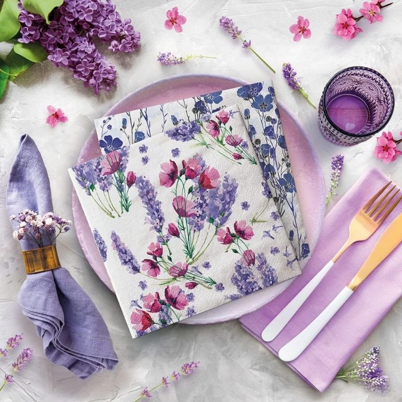 PAW Fragrant Lavender Paper Napkins with purple and pink flowers, shown against a white background.