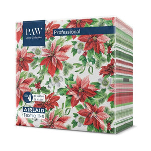PAW Paper Napkins in the Glory Poinsettia pattern in packaging on a white background.