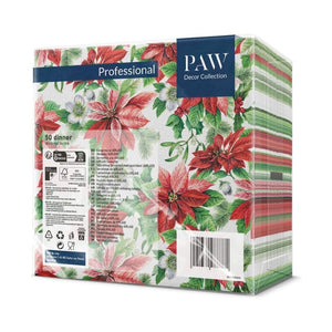 PAW Paper Napkins in the Glory Poinsettia pattern in packaging on a white background.