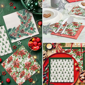 Collage of Christmas-themed tableware with floral, poinsettia, and tree patterns.