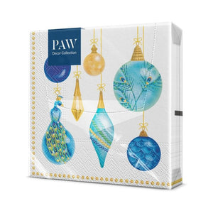 PAW Paper Napkins Peacock Collection design in packaging on a white background.