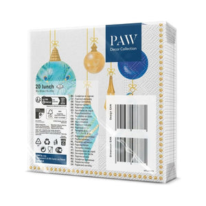 PAW Paper Napkins Peacock Collection design in packaging on a white background.