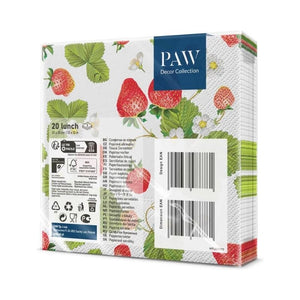 PAW Strawberries with Bees Paper Napkins, shown in retail packaging against a white background.