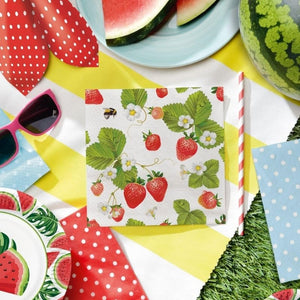 PAW Strawberries with Bees Paper Napkins styled with watermelon and paper plates.