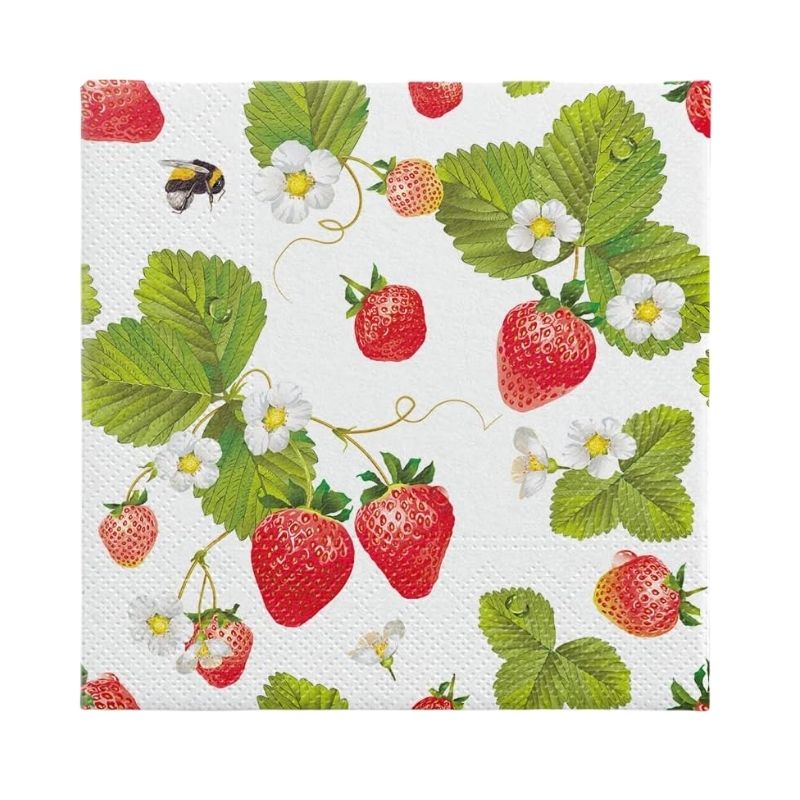 PAW Strawberries with Bees Paper Napkin pattern close up shown against a white background.