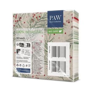 PAW Paper Napkins in the We Care Sprigs Holly design in packaging on a white background.
