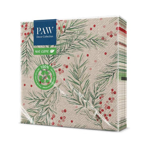 PAW Paper Napkins in the We Care Sprigs Holly design in packaging on a white background.