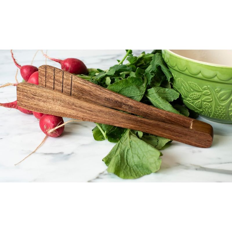 Peer Sorensen 26cm salad tongs crafted from acacia wood, displayed on a white background.