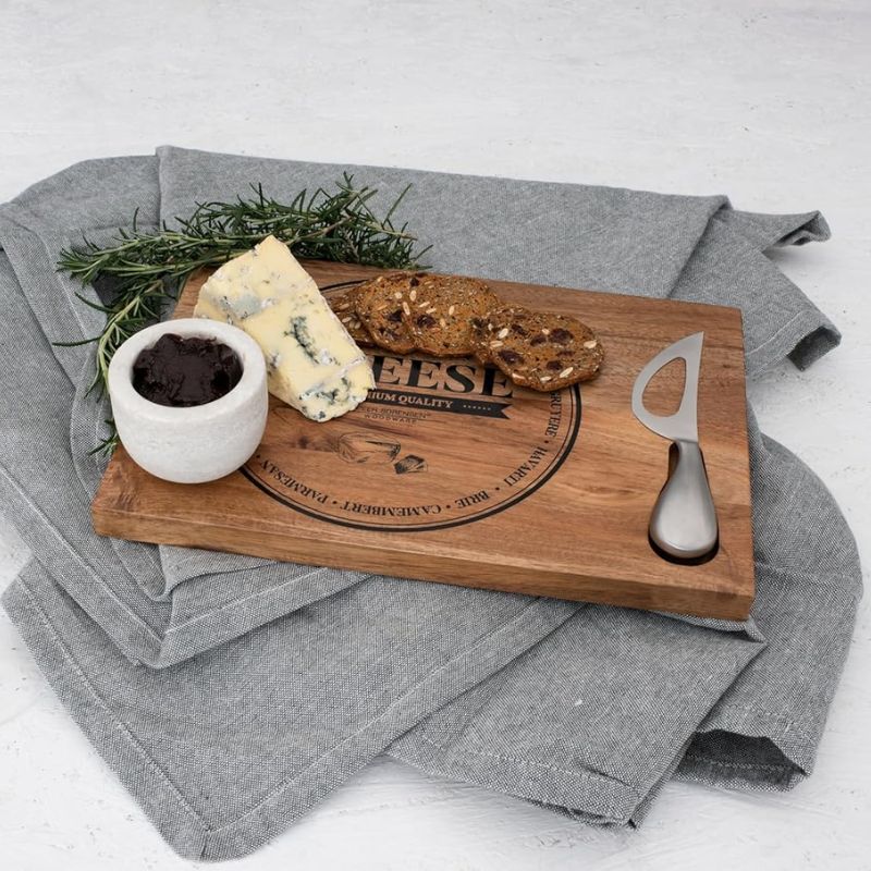 Peer Sorensen wooden cheese board with engraved “Gourmet Cheese” design, shown with stainless steel cheese knife