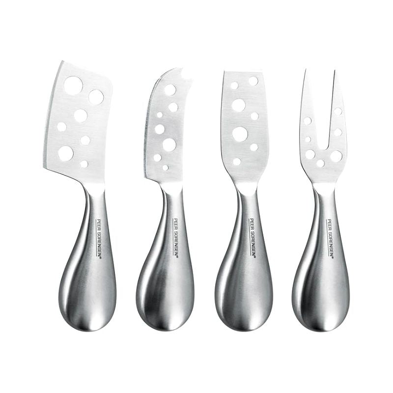 Peer Sorensen stainless steel cheese knife set with four pieces, including soft cheese knife, hard cheese knife, spreader, and antipasto fork