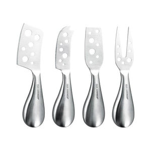 Peer Sorensen stainless steel cheese knife set with four pieces, including soft cheese knife, hard cheese knife, spreader, and antipasto fork