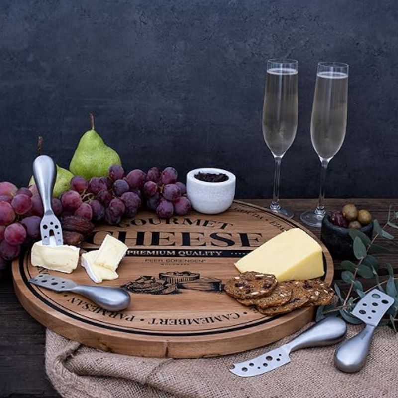 Peer Sorensen stainless steel cheese knife set with four pieces, including soft cheese knife, hard cheese knife, spreader, and antipasto fork