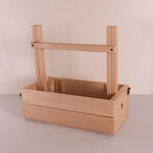 Wooden picnic table by Peer Sorensen turned into a basket with handle in upright position, empty
