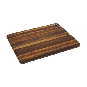 Acacia wood chopping board with rounded edges and metal hanging hole - 35 x 27 x 2.5 cm size.
