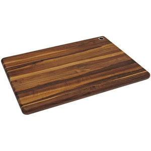 Angled view of chopping board showing the grain variation and metal hanging hole - 47.5 x 35 x 2.5 m size.