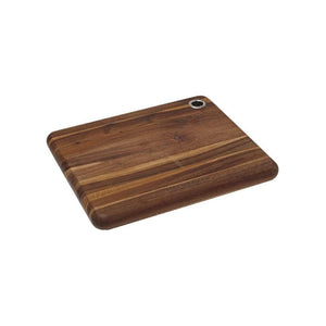 Small rectangular acacia wood cutting board with rounded edges and a metal hanging hole - 27 x 22 x 2.5 cm size.