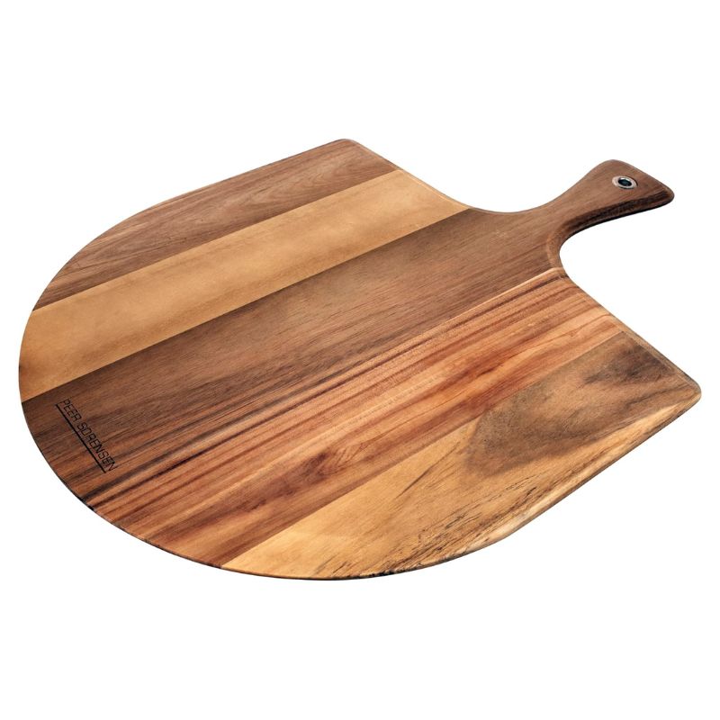 Peer Sorensen Pizza Paddle – an acacia wood pizza board with tapered edge and handle featuring a metal hanging hole.