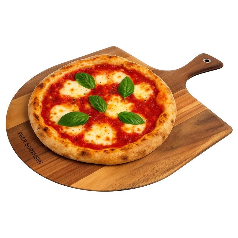 Peer Sorensen Pizza Paddle – an acacia wood pizza board with tapered edge and handle featuring a metal hanging hole.