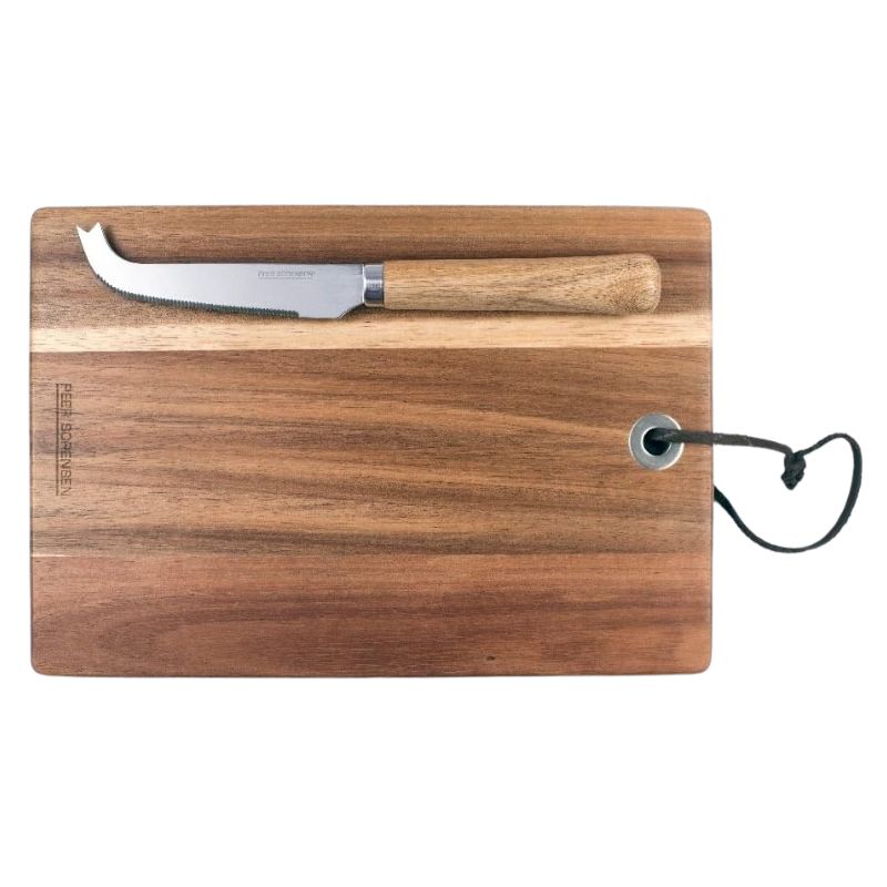 Peer Sorensen rectangular acacia cheese and serving board with serrated cheese knife, 20.5 cm stainless steel blade and wooden handle.