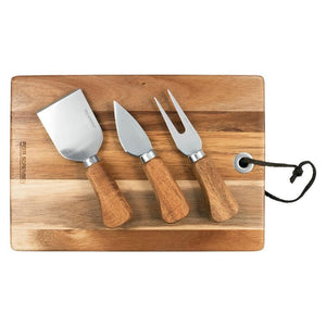 Peer Sorensen rectangular acacia cheese and serving board with three stainless steel cheese knives.