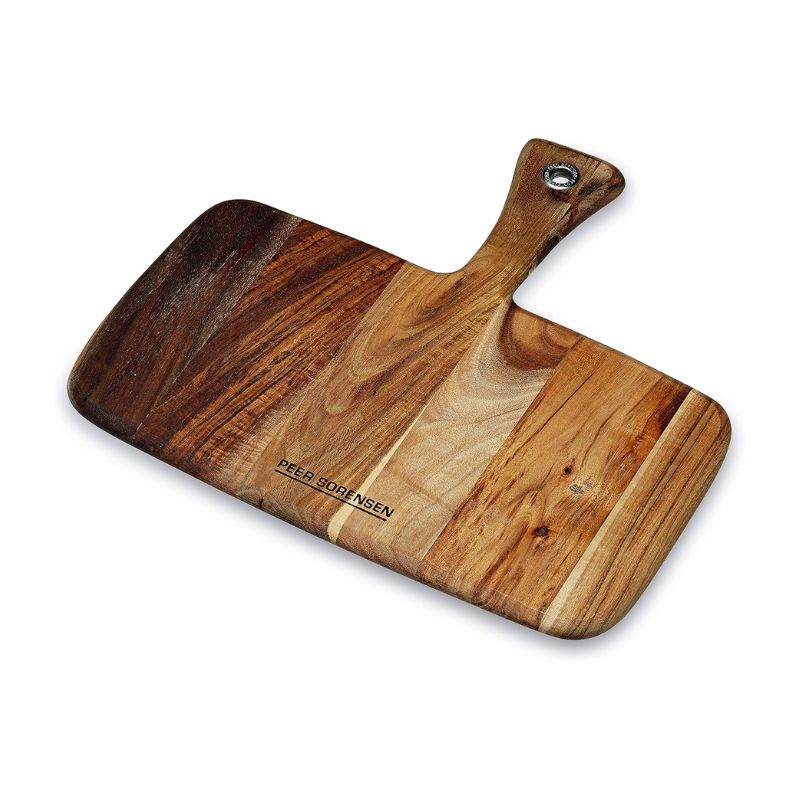 Acacia wood serving board with handle and visible grain variations.