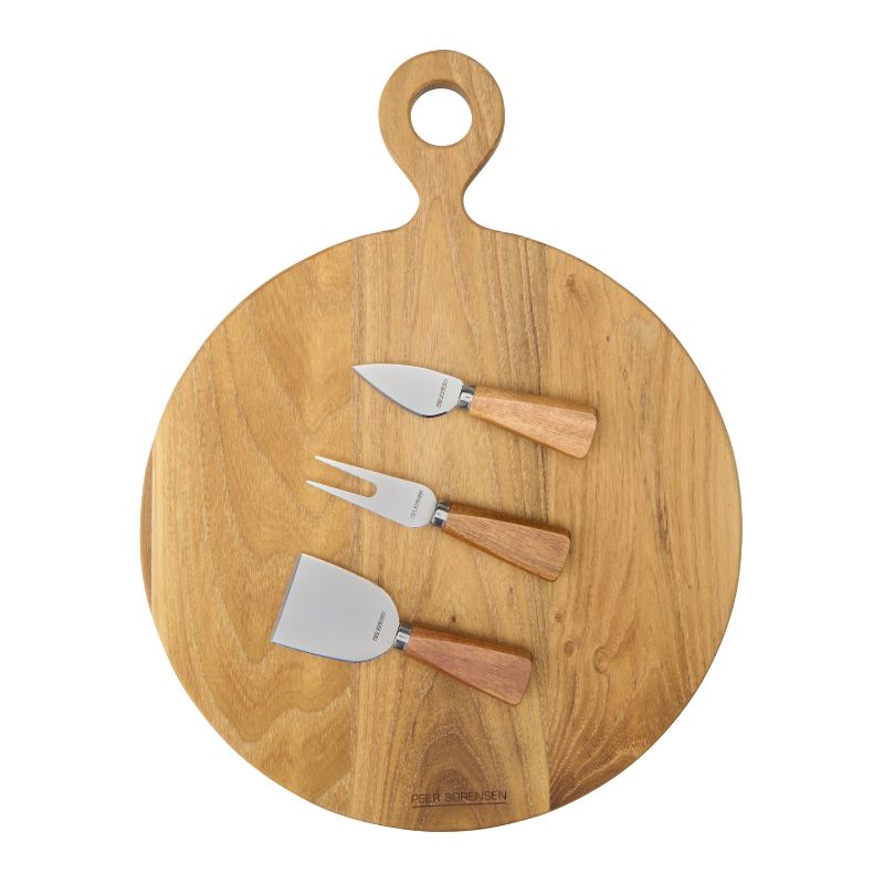Peer Sorensen Round Cheese Board Set featuring a round teak paddle serving board with three stainless steel cheese knives.