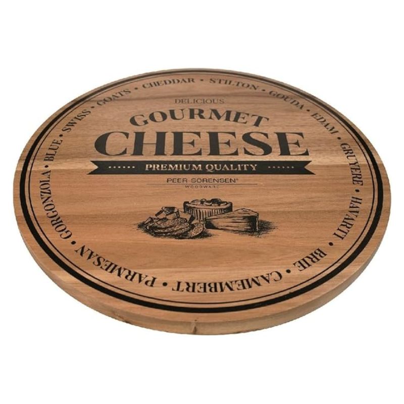 Peer Sorensen 28 cm round acacia cheese board with gourmet cheese print design