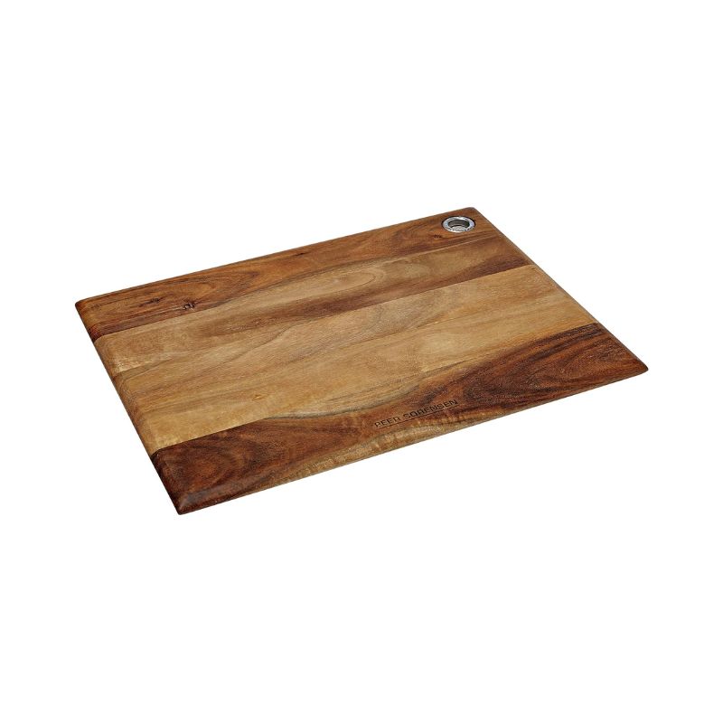 Angled view of small-sized acacia chopping board showing natural wood grain