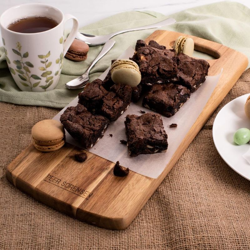 Large sized Peer Sorensen Tapas Serving Board made from acacia wood, rectangular with handle cut-out.