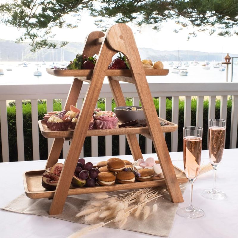 Peer Sorensen Three Tiered Serving Platform made from natural acacia wood with three rectangular trays.