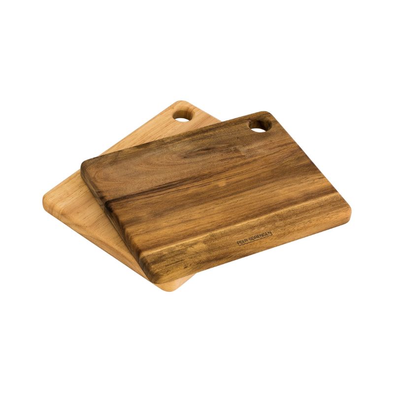 Set of two small wooden serving boards with handle holes – acacia wood and rubberwood.