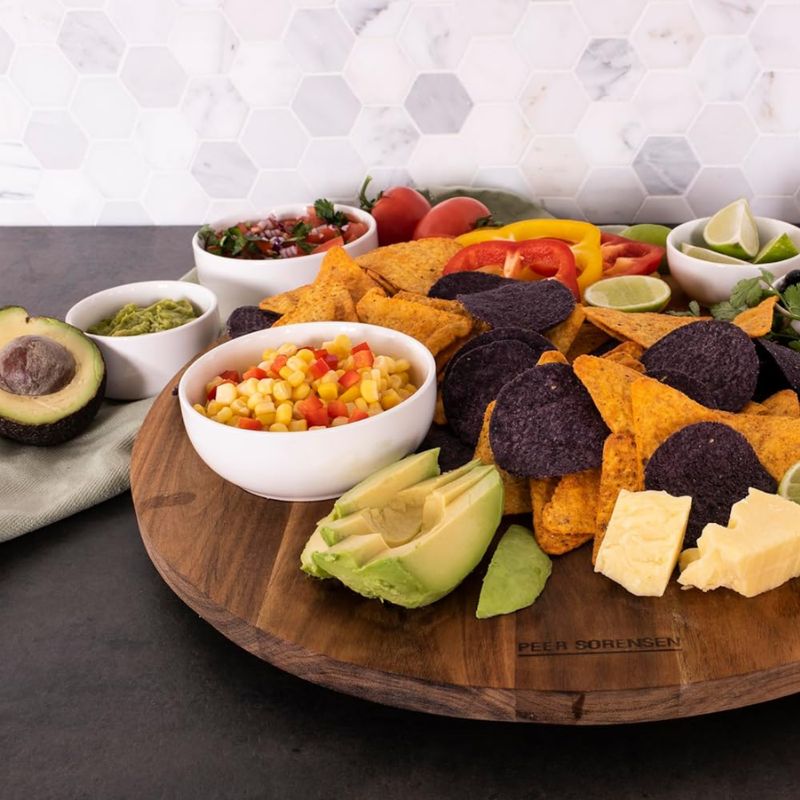 Peer Sorensen Lazy Susan set with bowls of salsa, guacamole, cheese, and tortilla chips