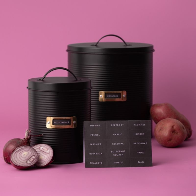 Typhoon Otto Root Vegetable Storage Canisters NZ - Set of 2 black storage canisters with gold name plates and name tags
