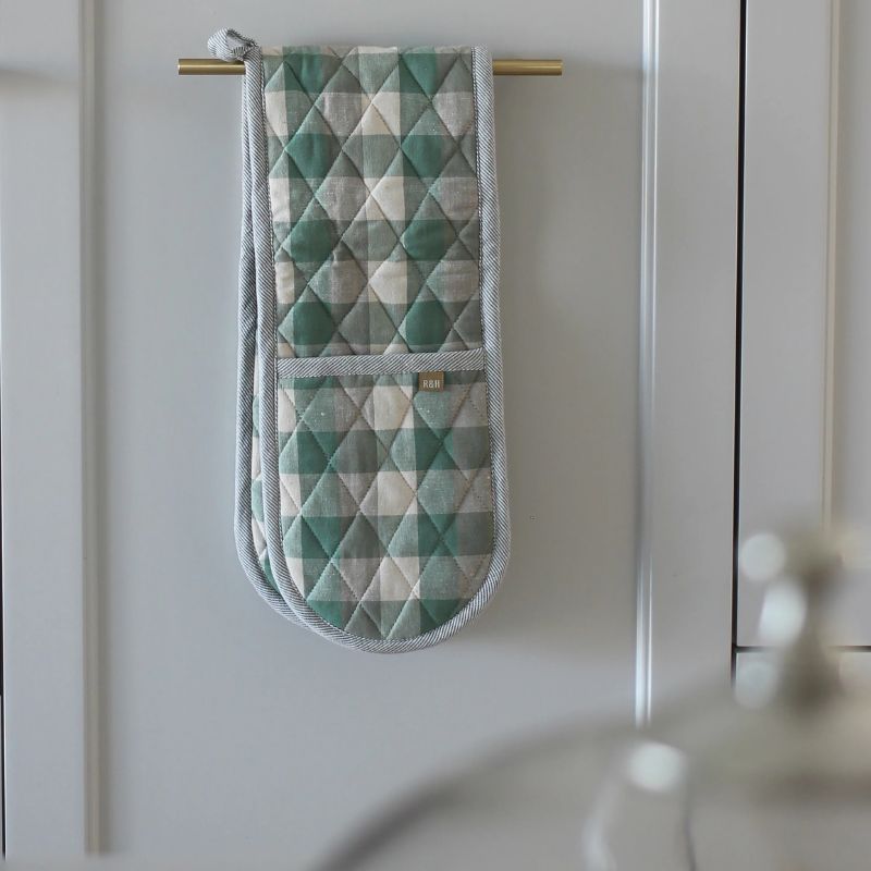 Raine & Humble Double Oven Glove in Aqua Storm with soft green & grey check pattern - NZ