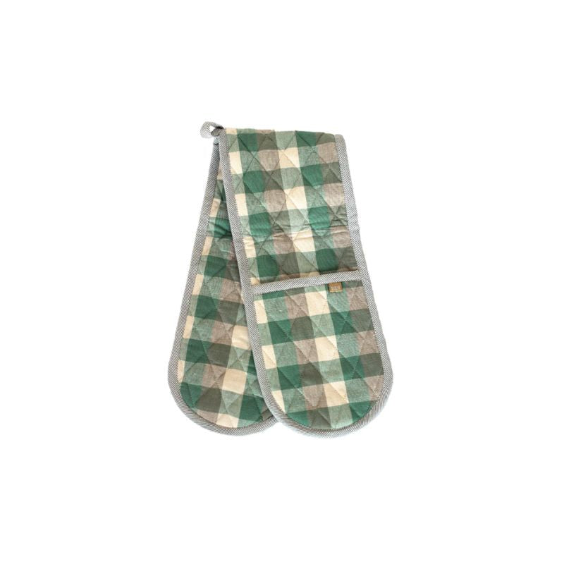 Raine & Humble Double Oven Glove in Aqua Storm with soft green & grey check pattern - NZ