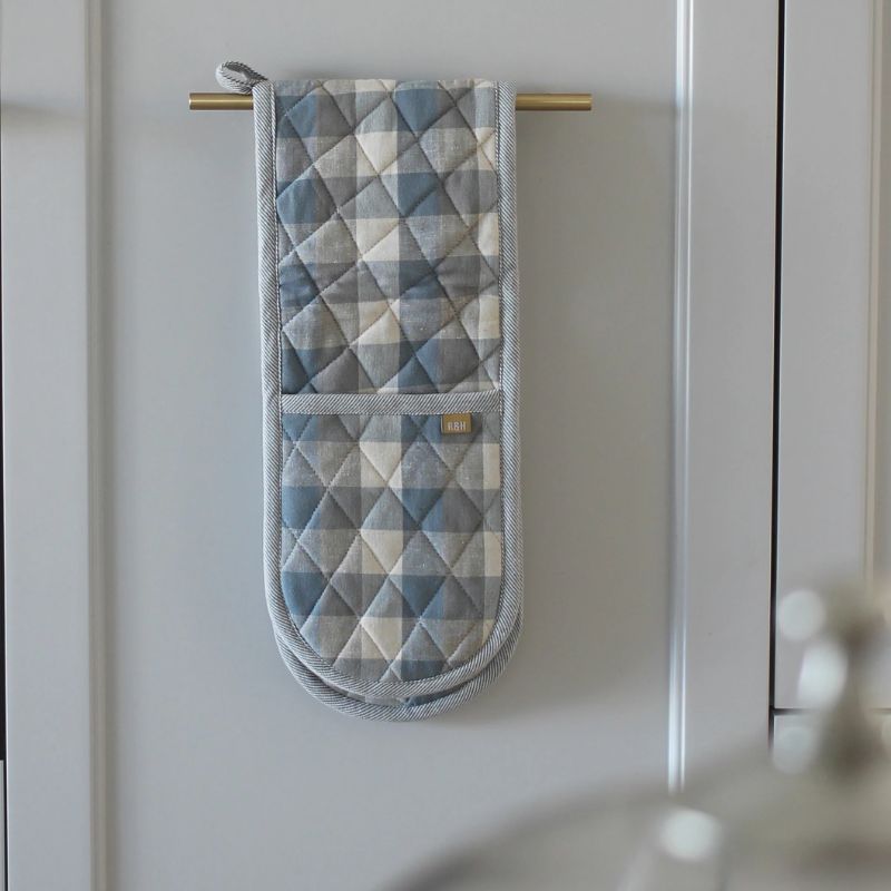Raine & Humble Double Oven Glove in Blue Haze with classic check pattern