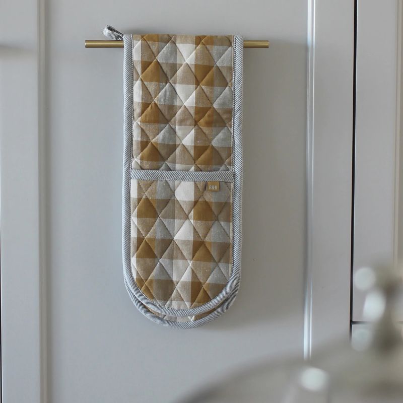 Raine & Humble Double Oven Glove in Yellow Sunset with soft yellow and grey check pattern – NZ