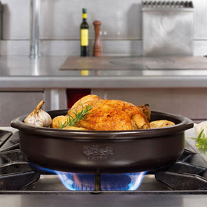 Roast chicken in a Regas Spanish Terracotta Black Professional Cazuela Baking Dish.