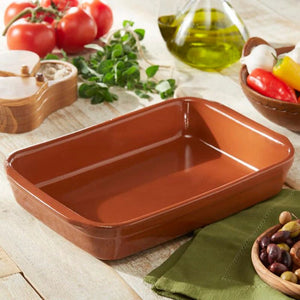 Regas Spanish Terracotta Rectangular Bakers shown on a rustic benchtop.